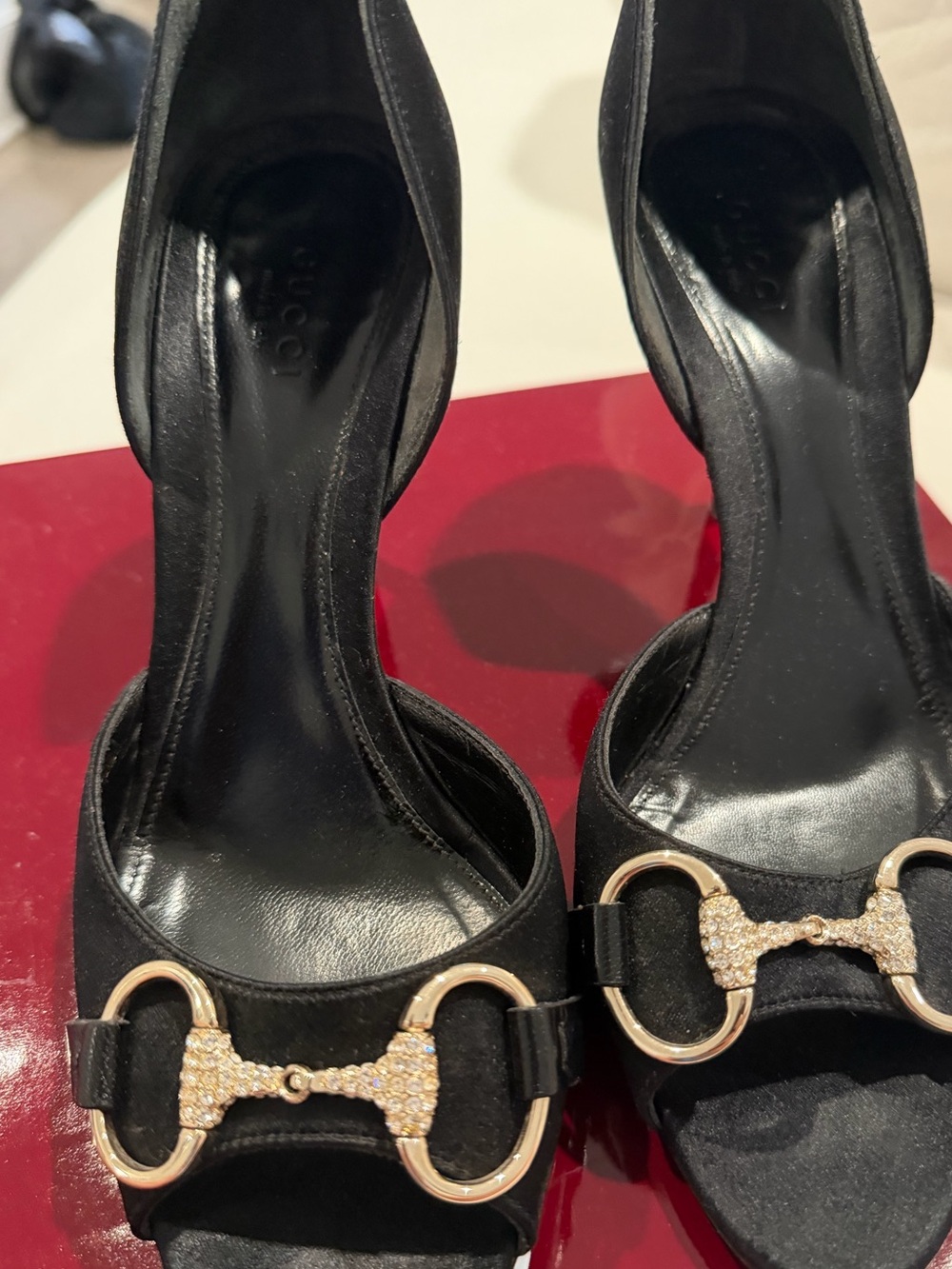 Gucci Black Satin Open-Toe Heels with Gold Crystal Horsebit - Picture 2 of 7